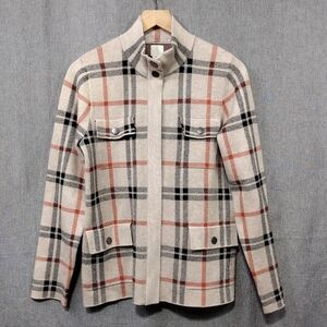 Joie Plaid Sweater Jacket Women's L Cream Black Boho Retro 90s Y2K Preppy Casual